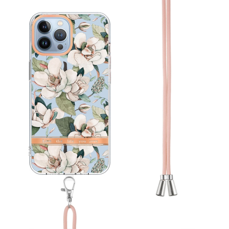 For iPhone 14 Pro Max Flowers and Plants Series IMD TPU Phone Case with Lanyard