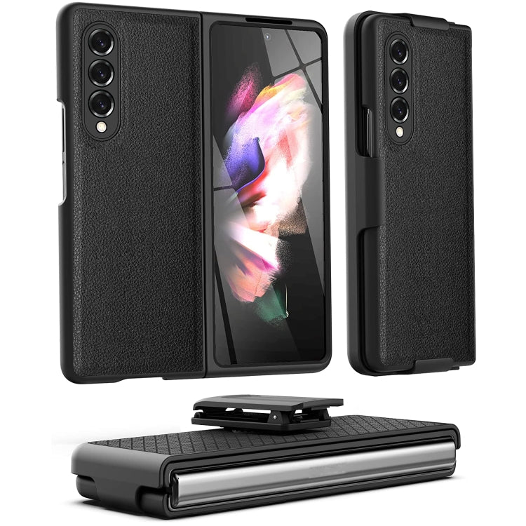 For Samsung Galaxy Z Fold3 5G Litchi Texture PC Phone Case with Back Clip(Black)