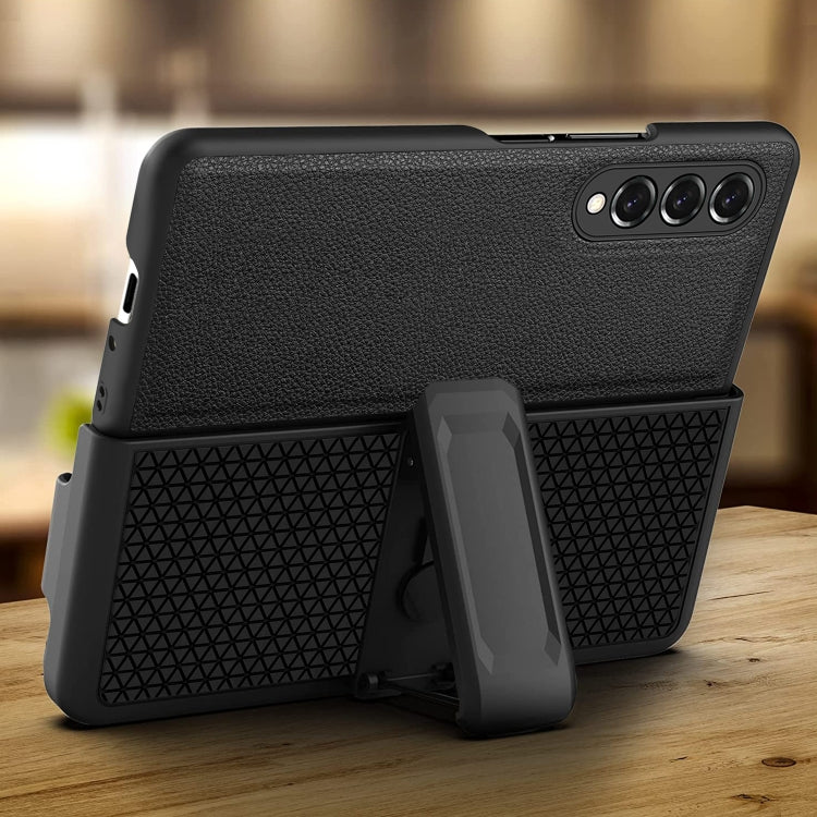 For Samsung Galaxy Z Fold3 5G Litchi Texture PC Phone Case with Back Clip(Black)