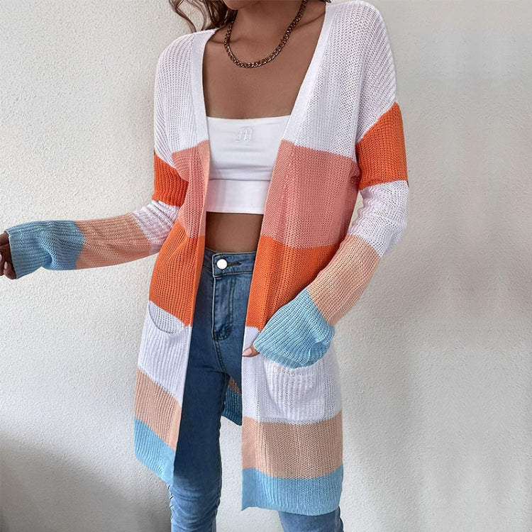 Round Neck Long Sleeve Color Matching Mid-Long Knit Sweater Coat, Size:L(Brown)