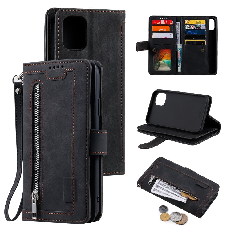 For iPhone 14 9 Card Slots Zipper Bag Leather Case