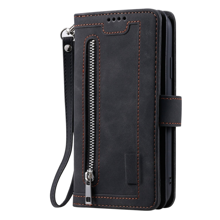 For iPhone 14 9 Card Slots Zipper Bag Leather Case