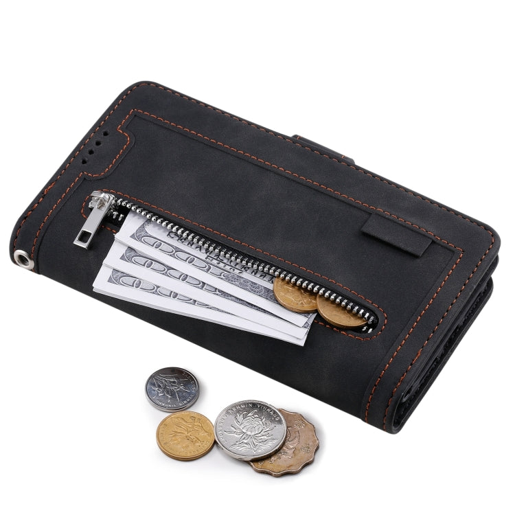 For iPhone 14 9 Card Slots Zipper Bag Leather Case