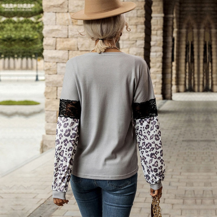 Lace Stitching Top Women Leopard Long-sleeved Contrast Knit, Size: