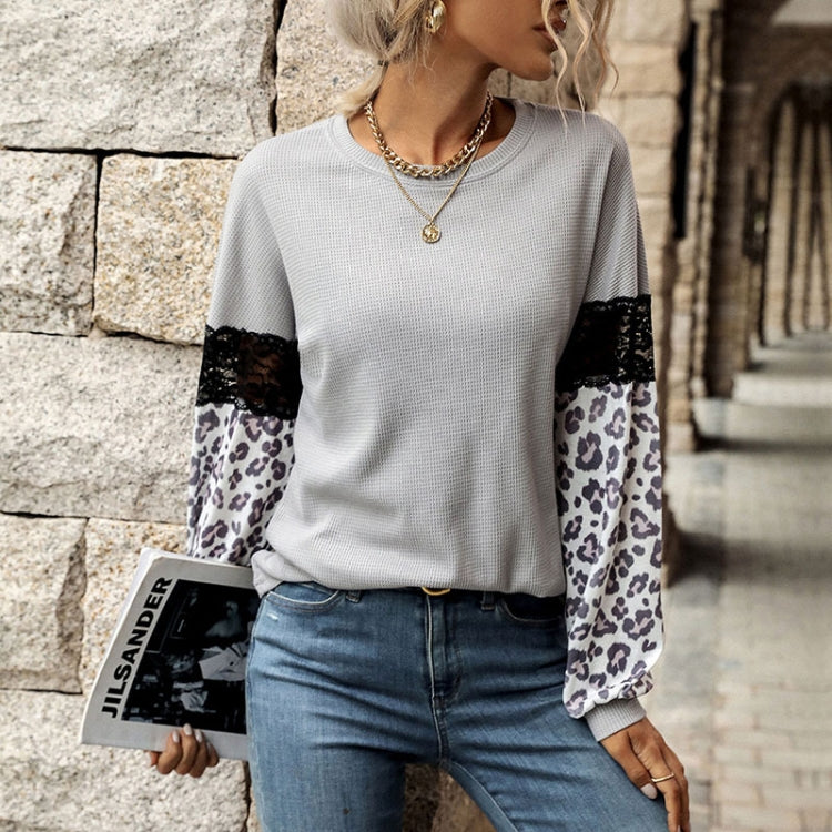 Lace Stitching Top Women Leopard Long-sleeved Contrast Knit, Size: