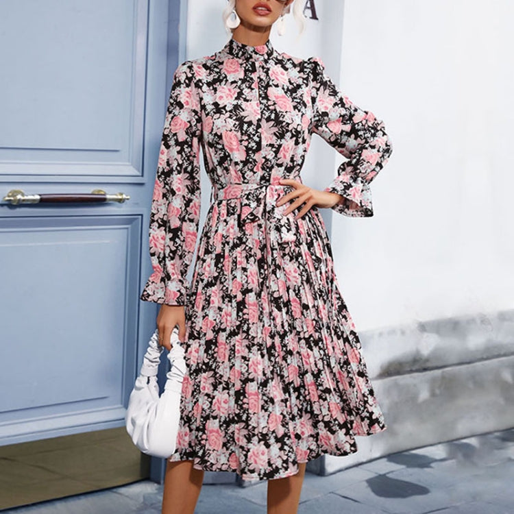 Elegant Long-sleeved Print Turtleneck Women Dress, Size: