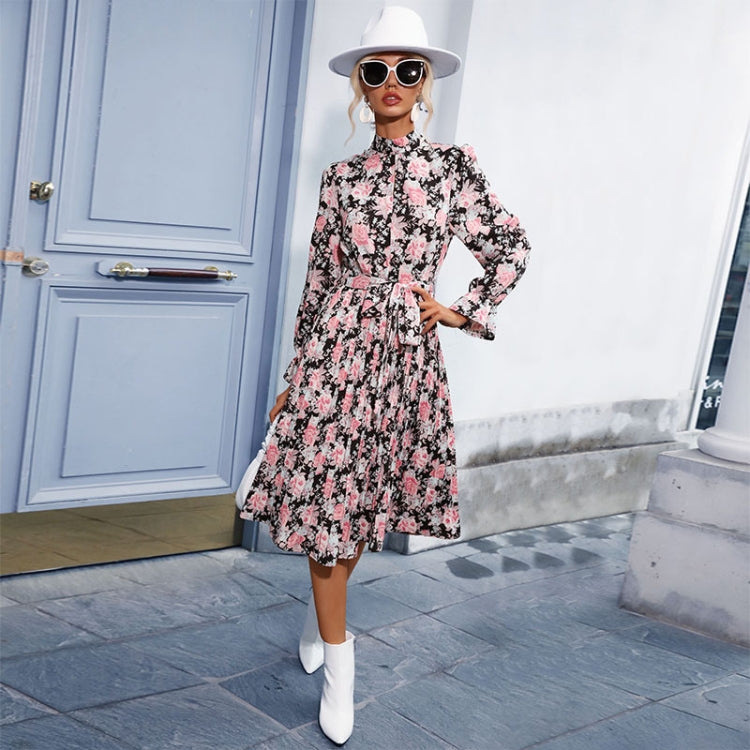 Elegant Long-sleeved Print Turtleneck Women Dress, Size: