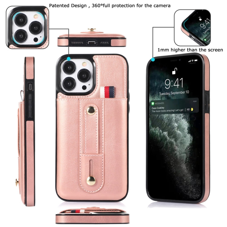 For iPhone 14 Pro Max Wristband Kickstand Wallet Leather Phone Case