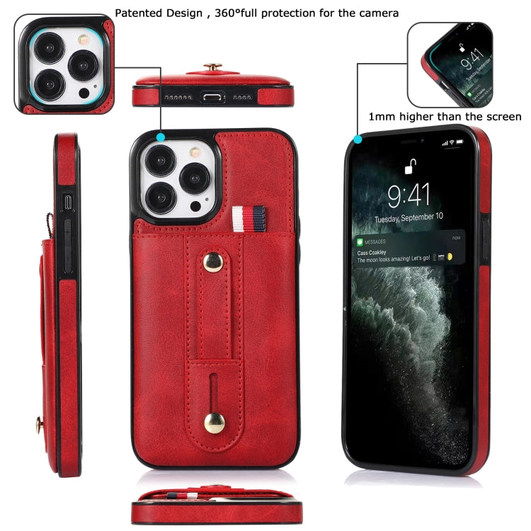 For iPhone 14 Pro Max Wristband Kickstand Wallet Leather Phone Case