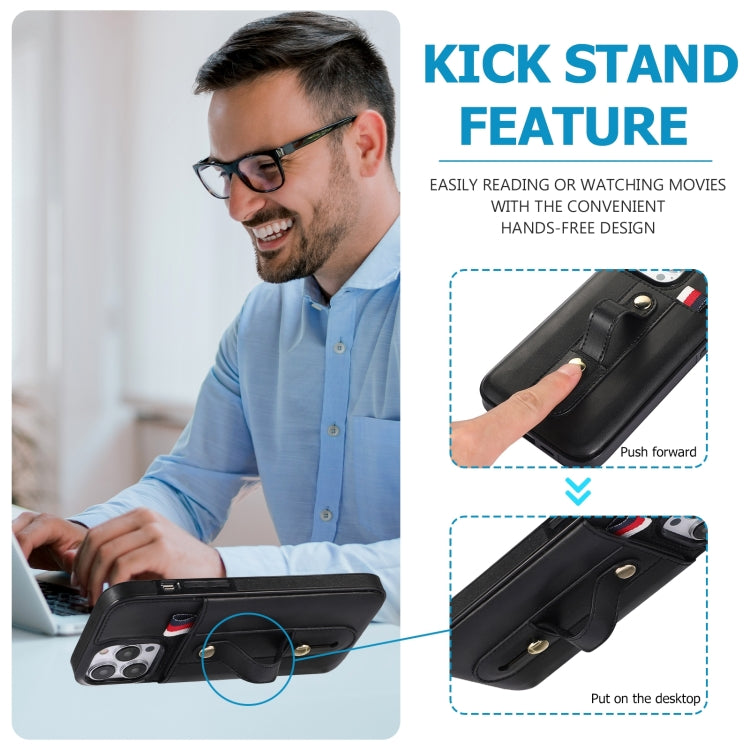 For iPhone 14 Pro Wristband Kickstand Wallet Leather Phone Case