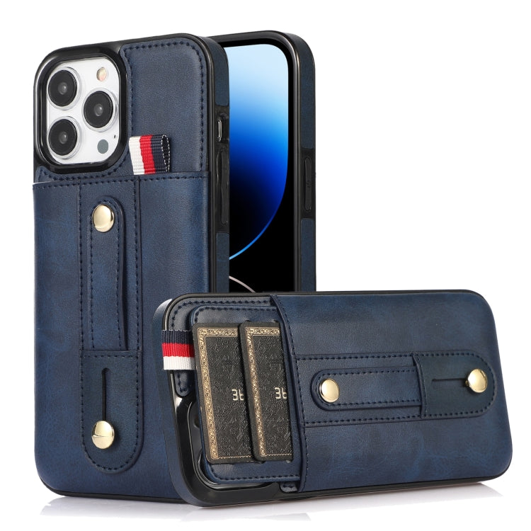 For iPhone 14 Pro Wristband Kickstand Wallet Leather Phone Case