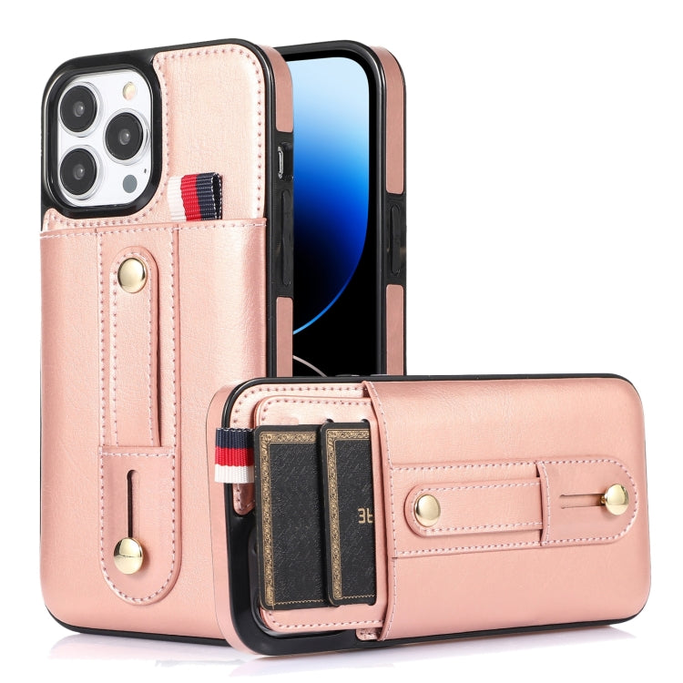 For iPhone 14 Pro Wristband Kickstand Wallet Leather Phone Case