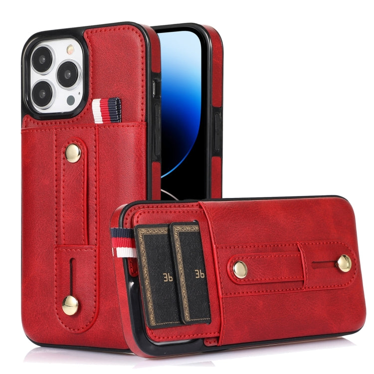 For iPhone 14 Pro Wristband Kickstand Wallet Leather Phone Case