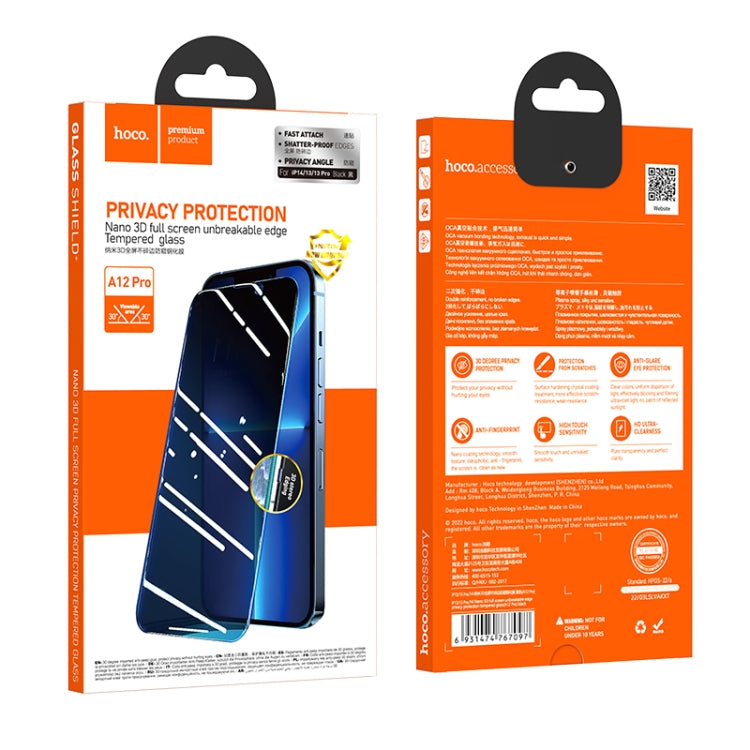 For iPhone 14 / 13 / 13 Pro hoco A12 Pro Nano 3D Full Screen Edges Protection Privacy Tempered Glass Film