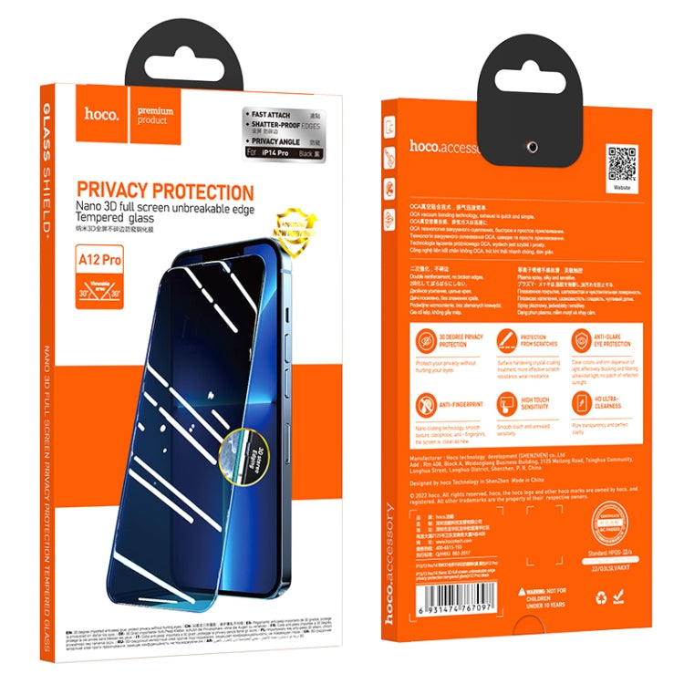 For iPhone 14 Pro hoco A12 Pro Nano 3D Full Screen Edges Protection Privacy Tempered Glass Film