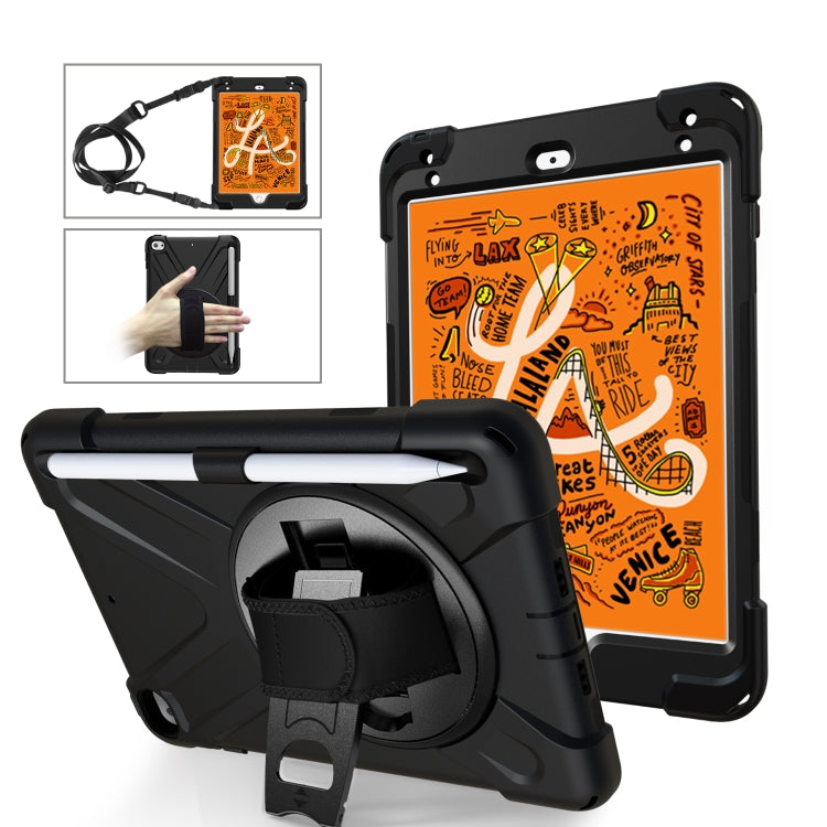 For iPad Mini 5 360 Degree Rotation Silicone Protective Cover with Holder & Hand Strap & Long Strap & Pencil Slot