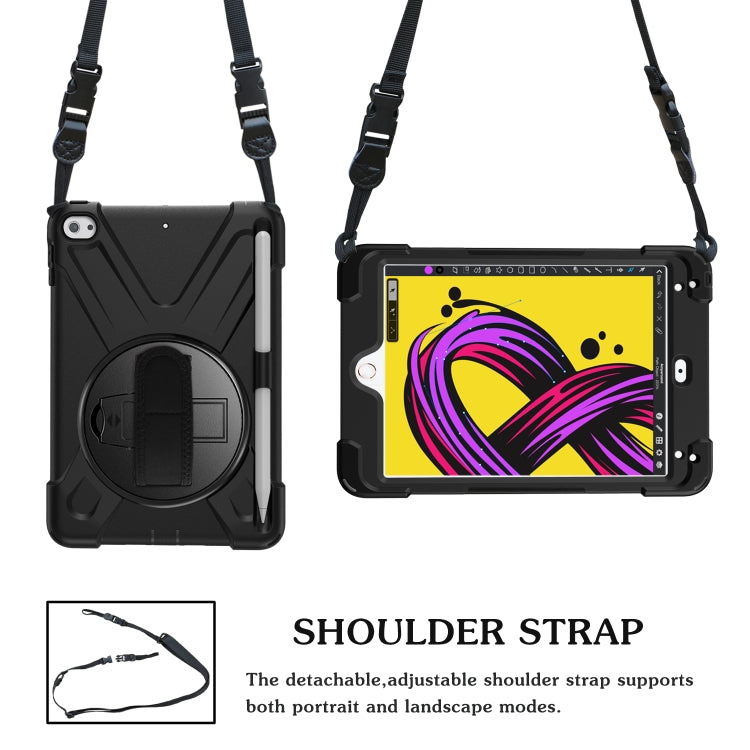 For iPad Mini 5 360 Degree Rotation Silicone Protective Cover with Holder & Hand Strap & Long Strap & Pencil Slot