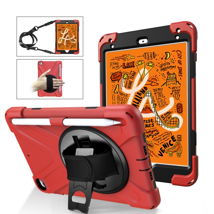For iPad Mini 5 360 Degree Rotation Silicone Protective Cover with Holder & Hand Strap & Long Strap & Pencil Slot