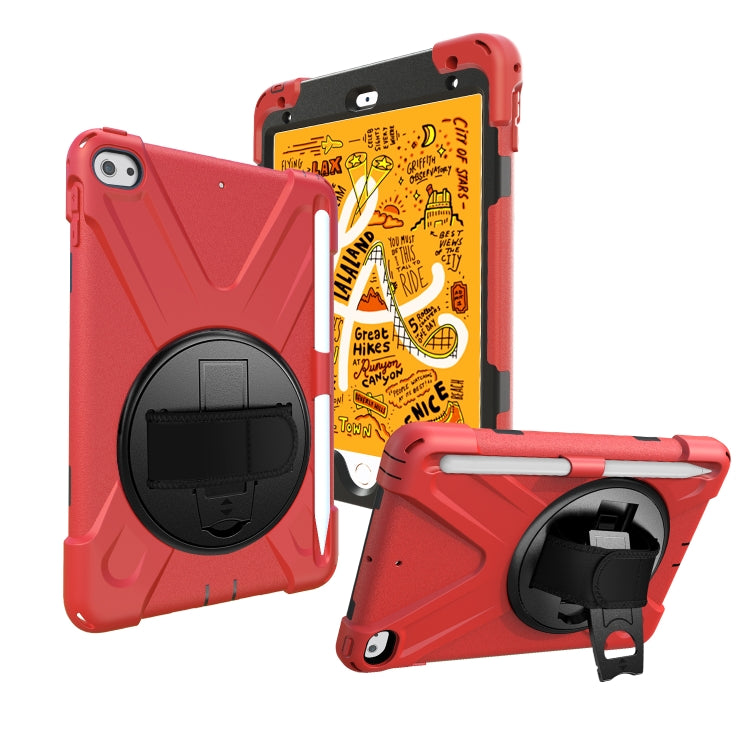 For iPad Mini 5 360 Degree Rotation Silicone Protective Cover with Holder & Hand Strap & Long Strap & Pencil Slot