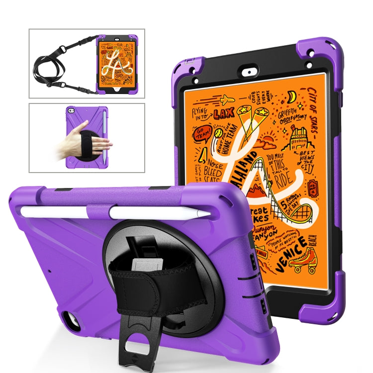For iPad Mini 5 360 Degree Rotation Silicone Protective Cover with Holder & Hand Strap & Long Strap & Pencil Slot