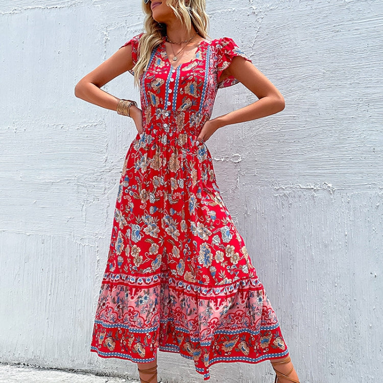 V-neck Slim Fit Slit Big Red Dress, Size: