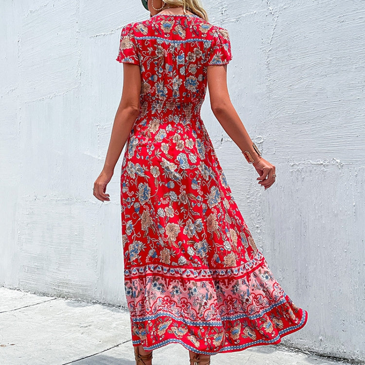 V-neck Slim Fit Slit Big Red Dress, Size: