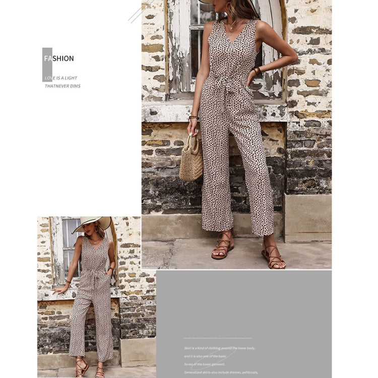 V Neck Straight-leg Leopard Print Jumpsuit, Size: