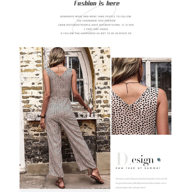 V Neck Straight-leg Leopard Print Jumpsuit, Size: