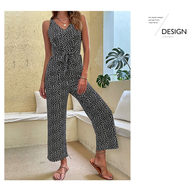 V Neck Straight-leg Leopard Print Jumpsuit, Size: