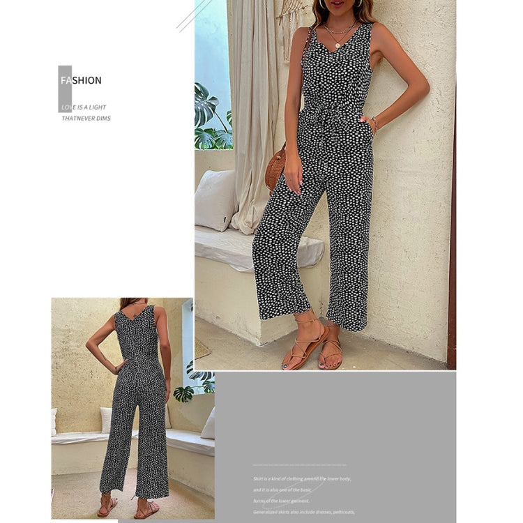 V Neck Straight-leg Leopard Print Jumpsuit, Size: