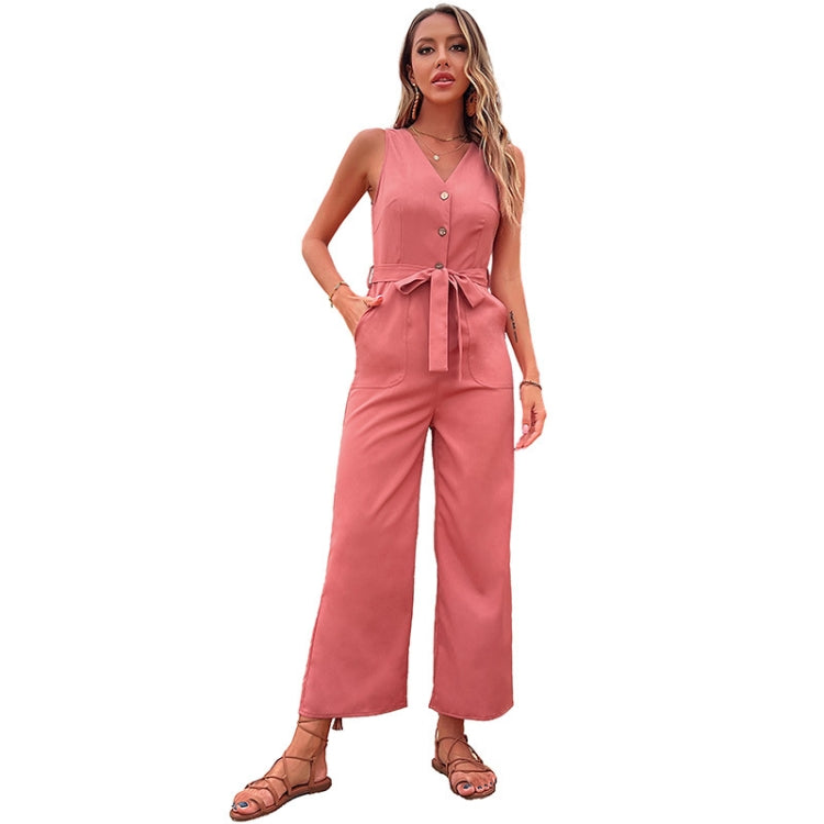 V-neck Front Button Seaside Women Sleeveless Casual Tie Jumpsuit, Size: