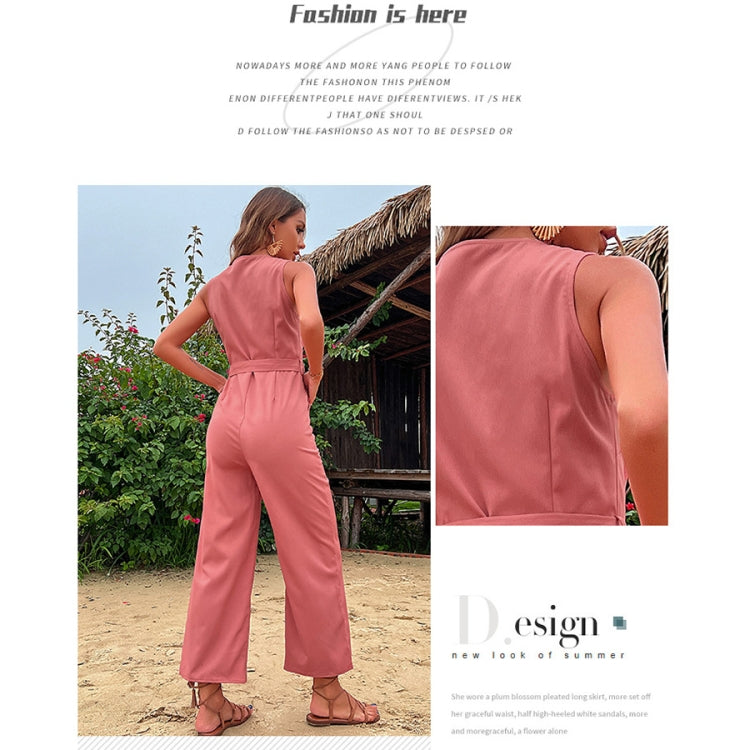 V-neck Front Button Seaside Women Sleeveless Casual Tie Jumpsuit, Size: