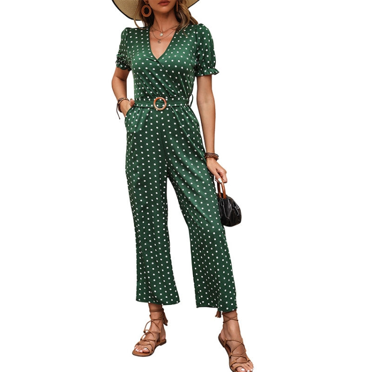 V-neck Slim Fit Waist Straight-leg Dot Print Jumpsuit, Size: