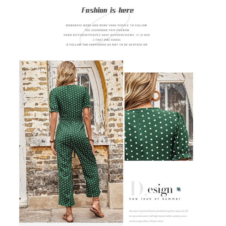 V-neck Slim Fit Waist Straight-leg Dot Print Jumpsuit, Size: