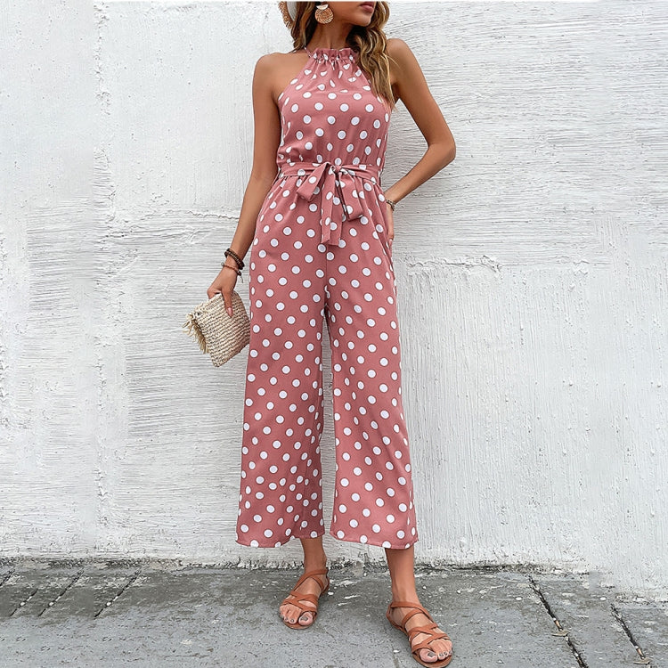 Loose Wide Leg Casual Tie Waist Dot Print Jumpsuit, Size: