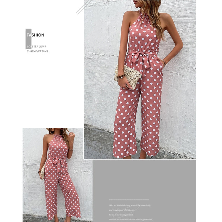 Loose Wide Leg Casual Tie Waist Dot Print Jumpsuit, Size: