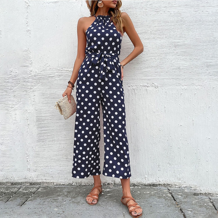 Loose Wide Leg Casual Tie Waist Dot Print Jumpsuit, Size: