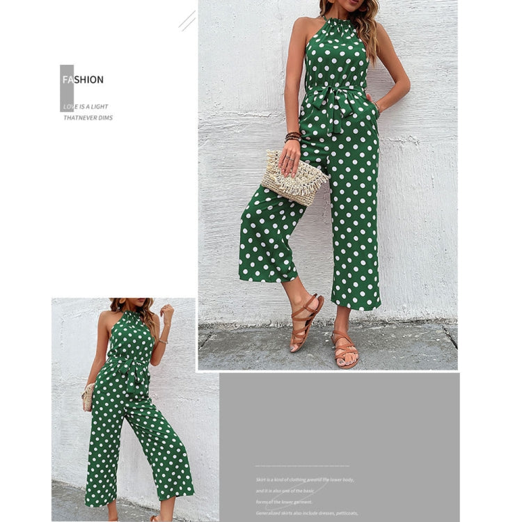 Loose Wide Leg Casual Tie Waist Dot Print Jumpsuit, Size: