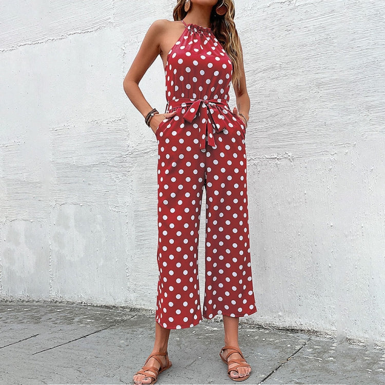 Loose Wide Leg Casual Tie Waist Dot Print Jumpsuit, Size: