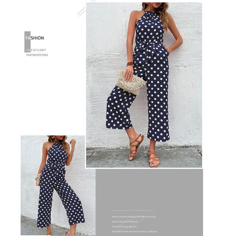 Loose Wide Leg Casual Tie Waist Dot Print Jumpsuit, Size: