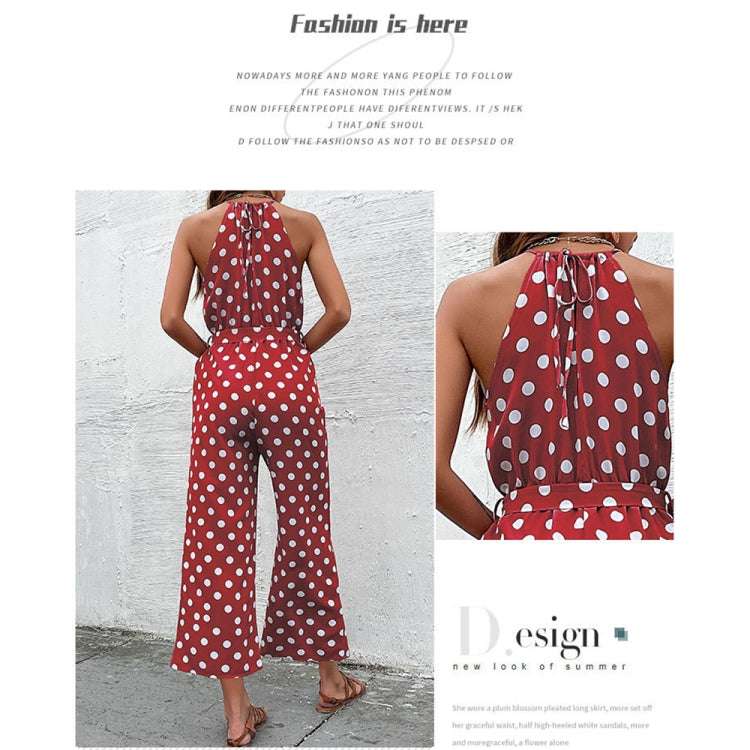 Loose Wide Leg Casual Tie Waist Dot Print Jumpsuit, Size: