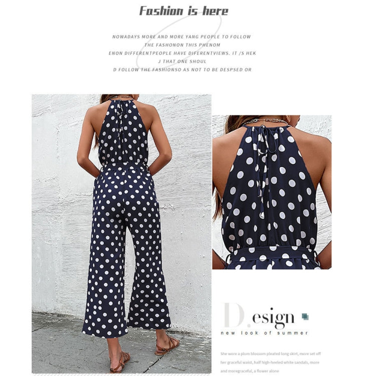 Loose Wide Leg Casual Tie Waist Dot Print Jumpsuit, Size: