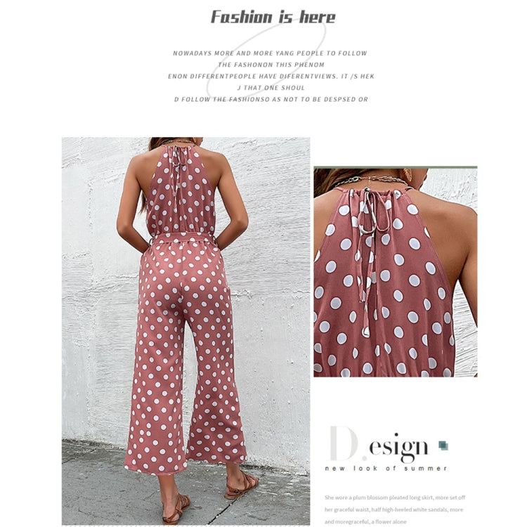 Loose Wide Leg Casual Tie Waist Dot Print Jumpsuit, Size: