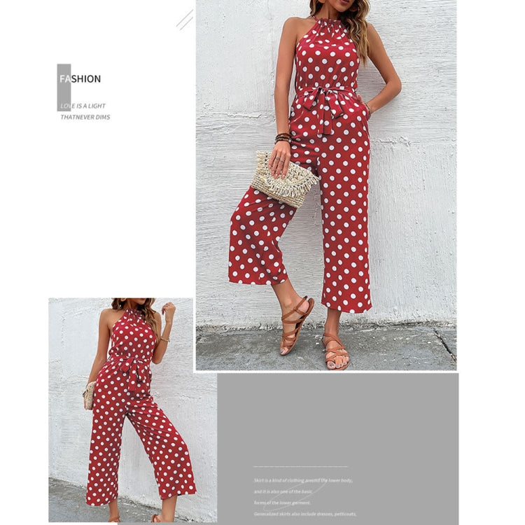 Loose Wide Leg Casual Tie Waist Dot Print Jumpsuit, Size: