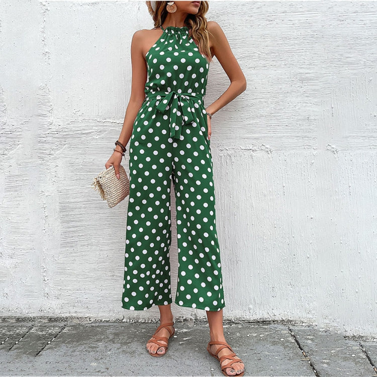 Loose Wide Leg Casual Tie Waist Dot Print Jumpsuit, Size: