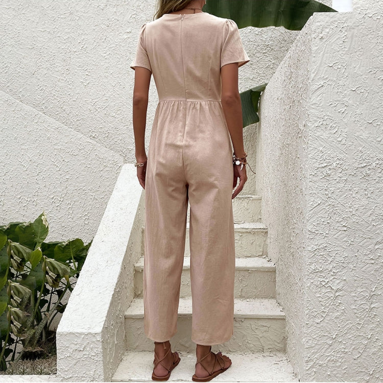 V-neck Front Button Women Cropped Pants Solid Color Straight Jumpsuit, Size: