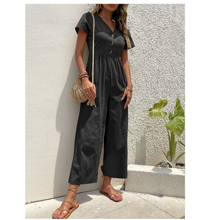 V-neck Front Button Women Cropped Pants Solid Color Straight Jumpsuit, Size: