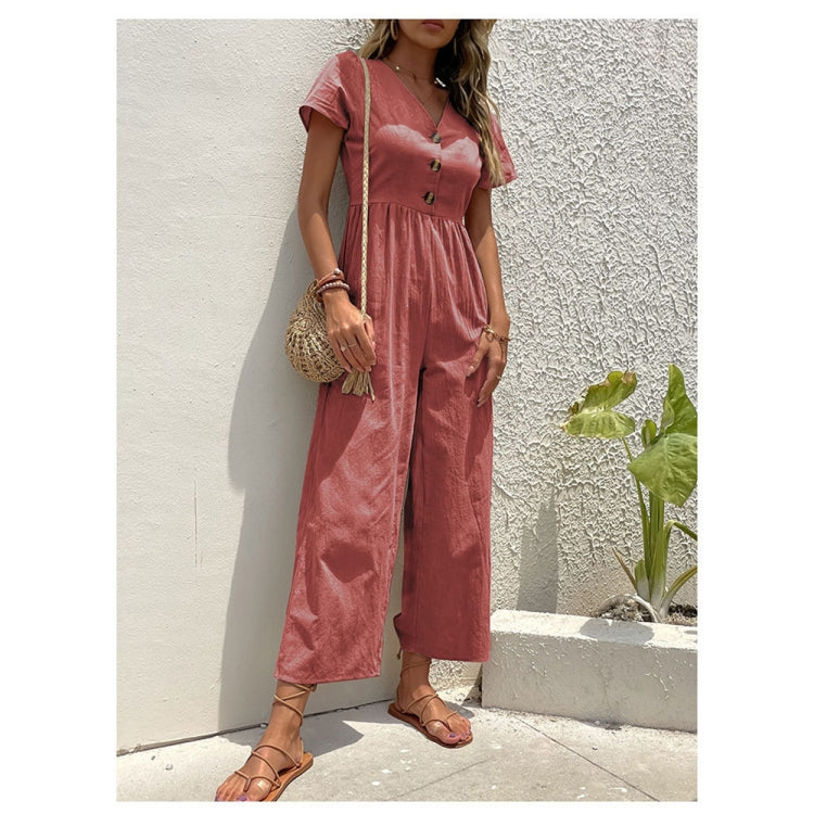 V-neck Front Button Women Cropped Pants Solid Color Straight Jumpsuit, Size: