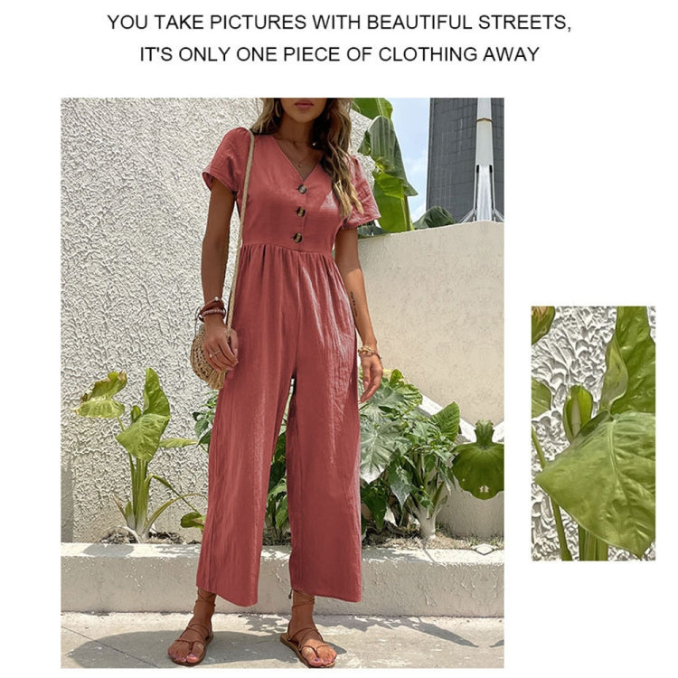 V-neck Front Button Women Cropped Pants Solid Color Straight Jumpsuit, Size: