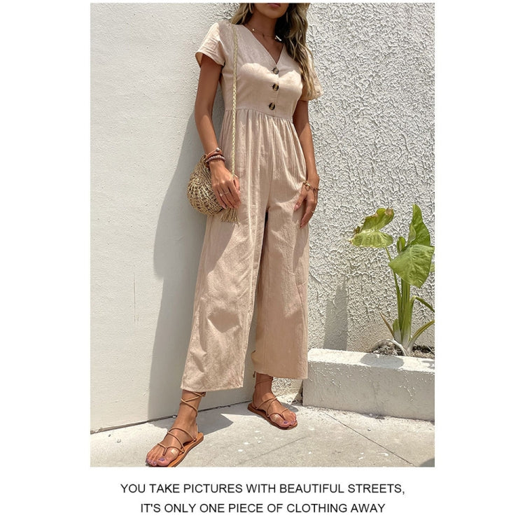 V-neck Front Button Women Cropped Pants Solid Color Straight Jumpsuit, Size: